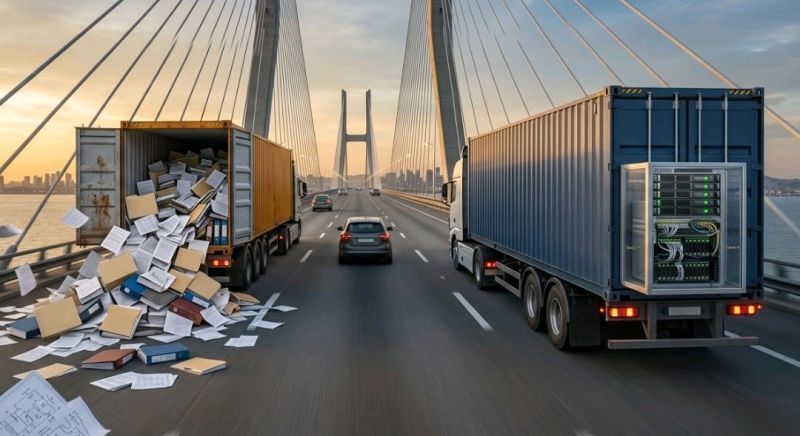Two container lorries crossing a cable-stayed bridge side by side — one has burst open and is spilling ring binders, folders and loose paper across the road, while the other carries a neatly cabled server rack intact inside its container.